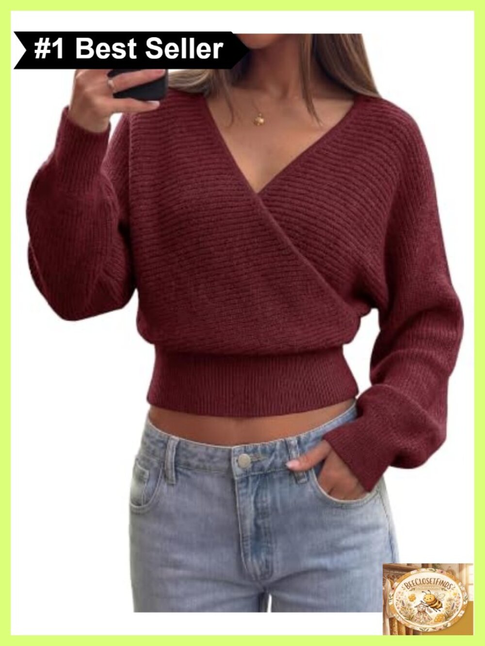 Ribbed Knit V Neck Wrap Cross Front Long Sleeve Pullover Sweater for Women
